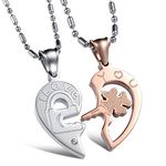 Couple Necklace Set Key and Heart Him and Her Puzzle Broken Heart Engraved I Love You Stainless Steel Silver Rose Gold Promise Matching Necklaces for Best Friends Sisters Lesbian Engagement Gift
