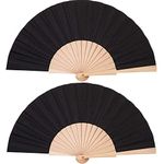 Chuangdi 2 Pieces Wooden Fan Fabric Hand Folding Fans Handheld Fans Craft Fan Decoration Fan Gift Fan with Drawstring Organza Bags for Men Women Girls (Black)