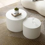 kevinplus White Round Nesting Coffee Table Side Table End Table Set of 2 for Living Room, Modern Drum Circle Wood Coffee Table Contemporary Embossed Design Fluted Side Table End Table Set, White