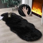 linmopm Faux Fur Rug Sheepskin Shag Fluffy Fuzzy Black 2x6 ft Runner Rugs for Bedroom Bedside Bed Floor Living Room Plush High-Density Cushion Carpet Super Sofa Cover