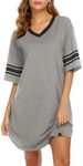 Ekouaer Women's Nightgown Cotton Sleep Shirt V Neck Short Sleeve Loose Comfy Pajama Sleepwear, Grey, Medium