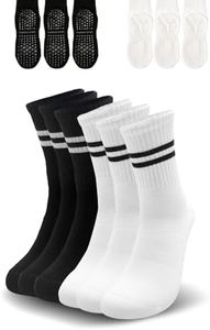 Rolxmed Non Slip Pilates Socks with Grips for Women and Men, Cotton Anti-slip for Yoga Gym Floor Hospital Elderly Ladies Unisex Long Crew Size 7-11 (Black+White_C02)