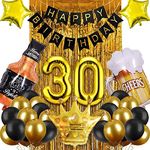 Party Propz 30th Birthday Decorations -16 Inch 30th Gold Number & Thirty Sign Latex Balloon with Gold Foil Fringe Curtains,Black HBD Ppaer Bunting and Cheers Beers Cups Foil Balloons for 30th -Set of 33