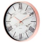 mDesign Modern Stylish Wall Clock for the Office, Bedroom, Kitchen, Bathroom, 11.5 Inch Diameter - Rose Gold Frame and Hands, Large Black Numbers on a Marble Background with a Clear Glass Cover