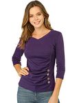 Allegra K Women's V Neck Blouse 3/4 Sleeves Solid Knitted Buttons Decor Ruched Top Purple Medium