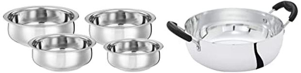 Amazon Brand - Solimo Stainless Steel Handi Set (4 Pieces, 750ml, 1100ml, 1500ml and 1900ml) and Solimo White Aluminium Kadhai (22cm, Induction and Gas Compatible)