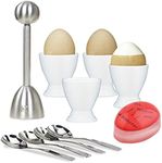 Elegant Egg Cups & Cracker Set | Set of 4 Ceramic Egg Holders + 4 SS Spoons + 1 Egg Topper-Vibration Tool Opener For Hard & Soft Boiled Egg, Multipurpose Mini Dishes- With Bonus! Beautiful Storage Box