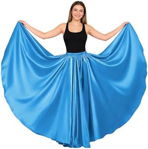 Women Satin Full Circle Ankle Length Swing Long Skirt Maxi Shiny Skirt for Party Cosplay Belly Dance Performance Costume (360 Degree, Blue)