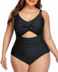 Daci Women Black Plus Size Cutout Swimsuits One Piece Tummy Control Bathing Suits V Neck Monokini 14W
