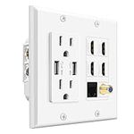 TNP Multimedia Outlet Box - HDMI Coax Ethernet Wall Outlet with USB Charging, USB Wall Plate Charger and Power Outlet 15A, 4 HDMI Ports, 1 Cat6 RJ45 Ethernet Port, Coaxial Cable Outlet, Keystone Jack