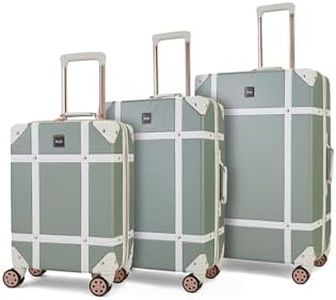 Rock Vintage Set of 3 Hard Shell Suitcases in Sage Green - Nostalgic Design, Dual 360 Swivel-Wheels, Telescopic Handle, Impact-Resistant Material & TSA Combination Lock - Small, Medium & Large