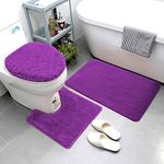 Smart Linen 3 Piece Bathroom Rug Set Includes Bath Rug, Contour Mat and Toilet Lid Cover, Machine Washable, Super Soft Microfiber & Non Slip Bath Rugs with Rubber Backing Solid (Purple)