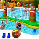 Large Inflatable Luau Tiki Pool Games Volleyball Net Pool Float Set with 9" Beach Ball, Floating Swimming Water Sports Game Toy for Adults, Summer Luau Tropical Hawaiian Party Supplies