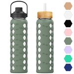 HYDRAGLAZIC 950ML Glass Water Bottle with 2 Flip and Bamboo Straw Lids Sports Water Tumbler with Time Reminder and Silicone Sleeve Leak-proof BPA Free, Oliver