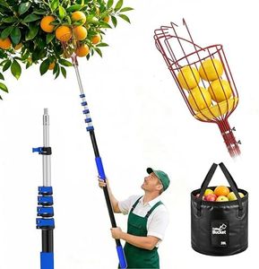 AgiiMan 28 Reach Fruit Picker with Telescopic Extension Pole and 20L Bucket, 5 to 20 FT Fruit Picker Pole Lightweight and Sturdy Aluminum Telescopic Pole, Easy to Assemble Fruit Picking Basket