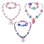 SANNIDHI® Set of 3 Necklace Bracelet Set for Girls Princess, Unicorn Mermaid Rainbow Charms Beads Necklaces Stretchy Chunky Jewelry Kit for Toddlers Kids Dress Up Costume Party