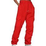 BUKKNYE Womens Cargo Sweatpants Plus Size Elastic Waist Baggy Fleece Joggers Pants Casual Work Bottoms with Big Pockets for Hiking Walking Running Cycling Travel(Red,S)