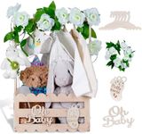 efluky Wooden Baby Shower Crate Closet with Handle,Storage Basket,Baby Clothes Hangers, Newborn Boy Girl Welcome Gift Basket