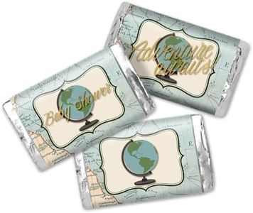 Adventure Awaits World Traveler Theme Baby Shower 45 Mini Candy Bar Wrappers 1.4"x2.6" Wrap-Around Labels, Gender Neutral Map and Globe Design Stickers for Party Favors, Made in USA by Amanda Creation