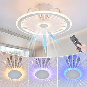 LOKUNM Modern Ceiling Fan with Lights Remote 48W RGB Light 18Inch 3 Color LED Dimming 3 Speed Wind 1/2H Smart Timing Bladeless Ceiling Fan Low Profile Bladeless Fan Light Flush Mount for Bedroom