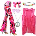 6 Pcs 60s 70s Hippie Costume Disco Outfits Fringe Vest Boho Bell Bottoms Peace Accessories Halloween for Women