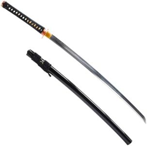 HMS Japanese Samurai Katana Sword, Brass Bamboo Tsuba, 1095 Carbon Steel, Hand Forged Clay Tempered, Full Tang, Sharp, Certificate