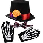 Spooktacular Creations 4 Pcs Halloween Day of the Dead Costume Accessories Set for Men Including 1 Pair of Skeleton Gloves, 1 Men’s Hat and 1 Bow Tie for Halloween Cosplay Party