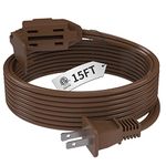 Indoor Brown Extension Cord 15 Feet, 3-Outlet Household Extension Cord, 2 Prong, 16 Gauge, 3 Polarized Outlets with Safety Cap Protect for Home Office, 16/2 SPT-2 ETL Listed