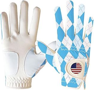 FINGER TEN Golf Gloves Blue Plaid Men Left Hand Right with Ball Marker Pack, Mens Leather Golf Glove All Weather Grip, Fit Size Small Medium ML Large XL (Blue Plaid, X-Large, Right)