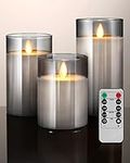 Led Flameless Candles Grey, Battery Operated Flickering Candles Pillar Real Wax Moving Flame Electric Candle Sets Gold Glass Effect with Remote Timer, 4 in, 5 in, 6 in, Christmas Gifts