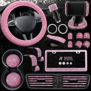 Pink Car Accessories Set, 27 Pieces – Bling Car Accessories for Interior Styling with Rhinestone Details for Daily Use, Universal Fit Kit for Steering Wheel, Vents, Mirror Area, Great Gift for Women