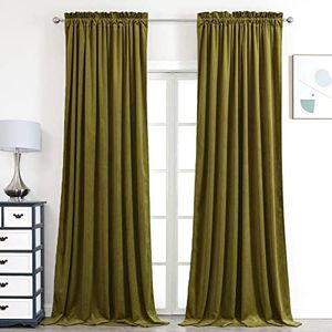 Benedeco Olive Green Velvet Curtains for Bedroom Window, Super Soft Luxury Drapes, Room Darkening Thermal Insulated Rod Pocket Curtain for Living Room, W52 by L84 inches, 2 Panels