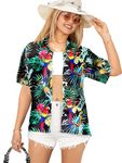 Happy Bay Women's Floral Hawaiian Blouse Short Sleeve Shirts L Forest, Parrot Pineapple