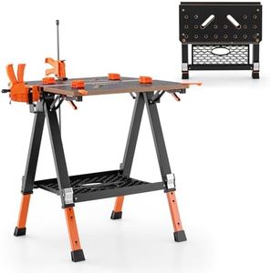 Costway 2-in-1 Folding Work Table & Sawhorse, 454 kg Max Load Workbench w/ 2 Quick Clamps & 4 Clamp Dogs, 8 Adjustable Heights & Extra Tool Shelf, Portable Clamping Workstation for Garage