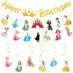 9PCS Cartoon Princess Birthday Decoration, Princesses Bunting Garland and Hanging Decoration , Happy Birthday Banner Decorations, Princess Theme Birthday Party Decoration for Kids Birthday Party