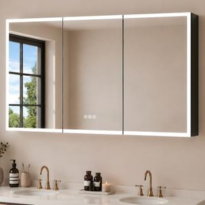 Buruis 60 x 32 Inch Medicine Cabinet with LED Lights and Mirror, Recessed/Wall Mounted Bathroom Cabinet, 3-Color Light, Defogger, Memory Function, Outlet & USB, Dimmer, Black
