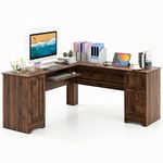 COSTWAY L-Shaped Computer Desk, 170cm Modern Large Corner Desk Writing Study Table with Drawers, Slid-Out Keyboard Tray, Door Cabinet and Adjustable Shelf, PC Laptop Gaming Workstation (Walnut)