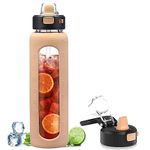 Kodrine Water Bottle with Soft Straw and Carry Loop, 32 oz Glass Water Bottle with Locking Lid, Clear Water Bottles Sports, Drinking Bottle for Travel Home Gym, Leakproof(Amber)