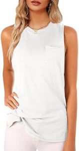 Women's High Neck Tank Top Sleeveless Blouse Plain T Shirts Pocket Cami Summer Tops Large A-White