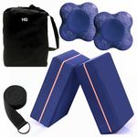 HOMEGALLEY Yoga Blocks Pack of 2 with Belt and 2 Yoga Knee Pad for Exercise Eva Block Pair to Improve Strength, Aid Balance, Stretching Yoga Bricks Set with Strap for Women and Men, Navy Blue