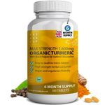 Pure Turmeric Tablets 1,600mg with Organic Black Pepper Extract | 6 Month Supply, 180 Tablets | High Strength Herbal Curcumin Complex Supplement | Natural Anti Inflammatory & Antioxidants | Vegan, UK