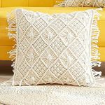 HEMBRA Premium Cotton 250 TC Boho Cushion Cover 18 inch x 18 inch, Macrame Rope Throw Pillow Case, Boho Home Decor for Sofa, Couch Bed, Living Room - Off White - 1 pcs