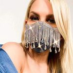 Urieo Bling Crystal Face Masks Silver Tassel Black Rhinestone Mask Sparkly Sexy Mouth Covered Nightclub Party Fringe Masks for Women