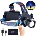 LED Rechargeable Headlamp, Headlight 90000 Lumens Super Bright with 6 Modes & IPX5 Warning Light, Motion Sensor Adjustable Headband Head Lamp, 60° for Adult Outdoor Camping Running Cycling