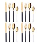 Stainless Steel Cutlery Set of 16 Pieces, 18/8 Stainless Steel Table Knife/Table Fork/Table Spoon/Tea Spoon ,Silver Ware Flatware Set for 4, Mirror Polished，Can Be Placed in The Dishwasher(Black gold)