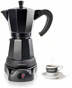 Mornest Aluminium Electric Moka Pot Coffee Maker, Electric Espresso Maker Auto Shutoff, Keep Warm, Italian Classic, 360° Rotating Base, 300ml Coffee Machine for Home and Office (Black, 6 Cups)