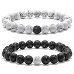 Couples Bracelet for Women Men - 8mm Natural White Howlite Black Lava Rock Bead Bracelets for Men Women, Stress Relief Yoga Beads Aromatherapy Essential Oil Diffuser Lava Rock Couples Bracelet, 6.7 inches, Stone Turquoise