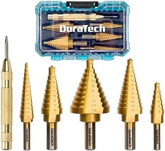 DURATECH 6-Piece Step Drill Bit Set with Automatic Center Punch, 50 Sizes in 5 High Speed Steel, Titanium Coated, Double Flute Cutting Blades Step Drill Bits for Metal, with Storage Case