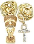 Fashion 21 Egyptian Queen Nefertiti, Ankh Cross Pendant 20",24",30" Various Chain 2 Necklace Set Gold, Silver Tone (Gold+Gold / 20"+24" Box Set)