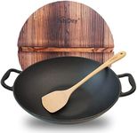 Keleday 14 Inch Cast Iron Wok with Lid Pre-Seasoned Cast Iron Wok with 2 Loop Handles Deep Frying Pan with Flat Bottom Traditional Chinese Food